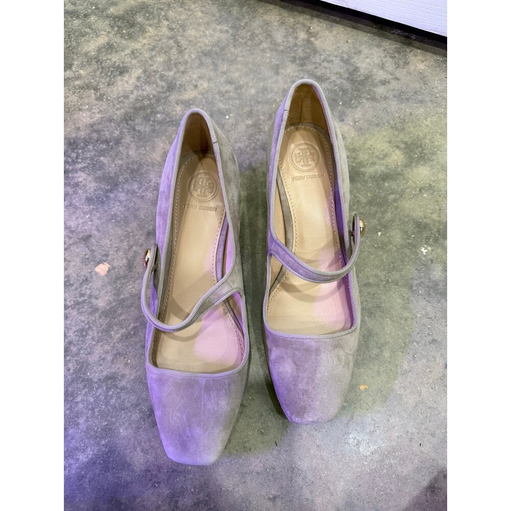 Tory Burch Marisa 40mm Mary Jane Pump Gold Heel Taupe Gray Sz 7 - Picture 6 of 7